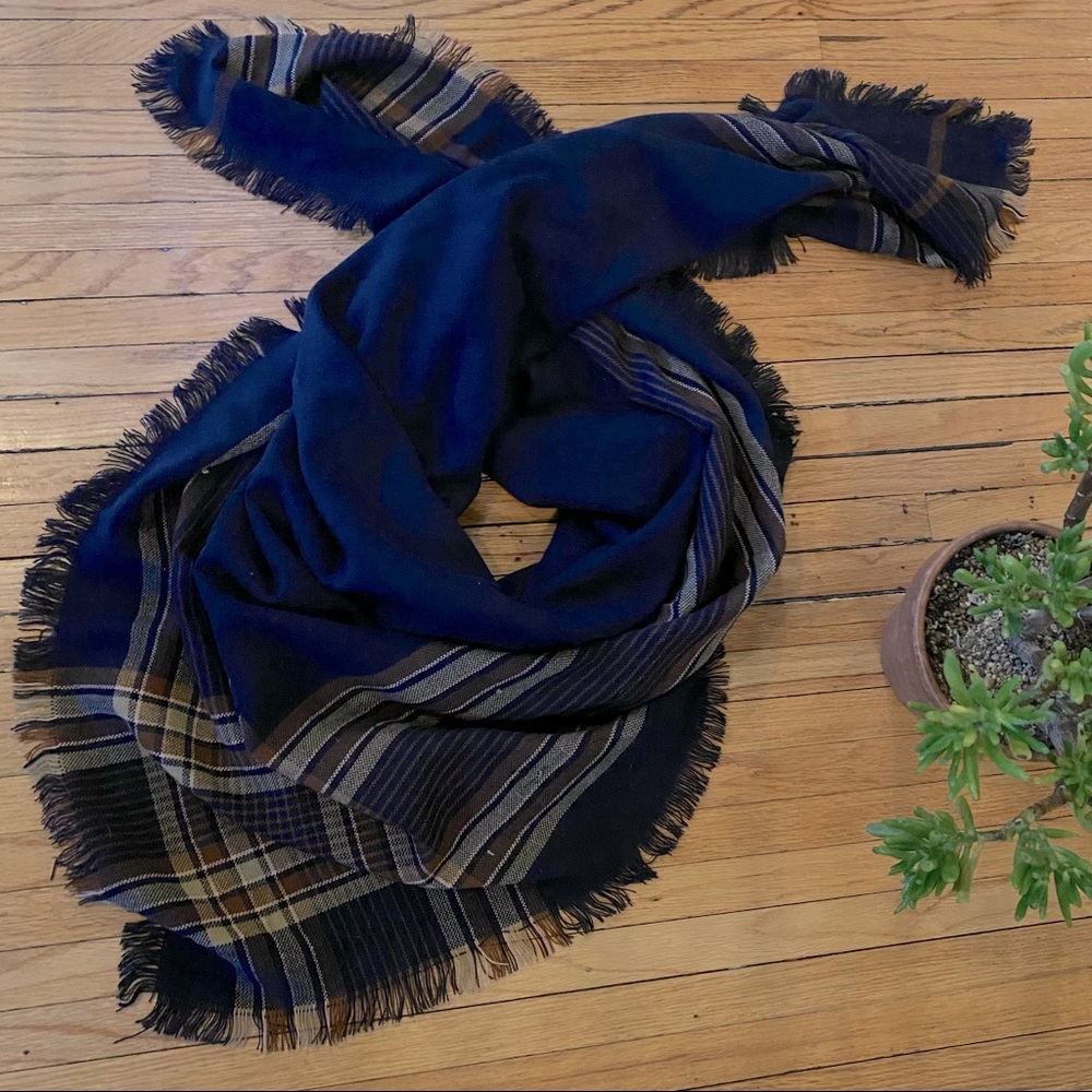 Blanket Scarf Wrap, Navy and Camel Brown Plaid Stripe Accents, Fringe